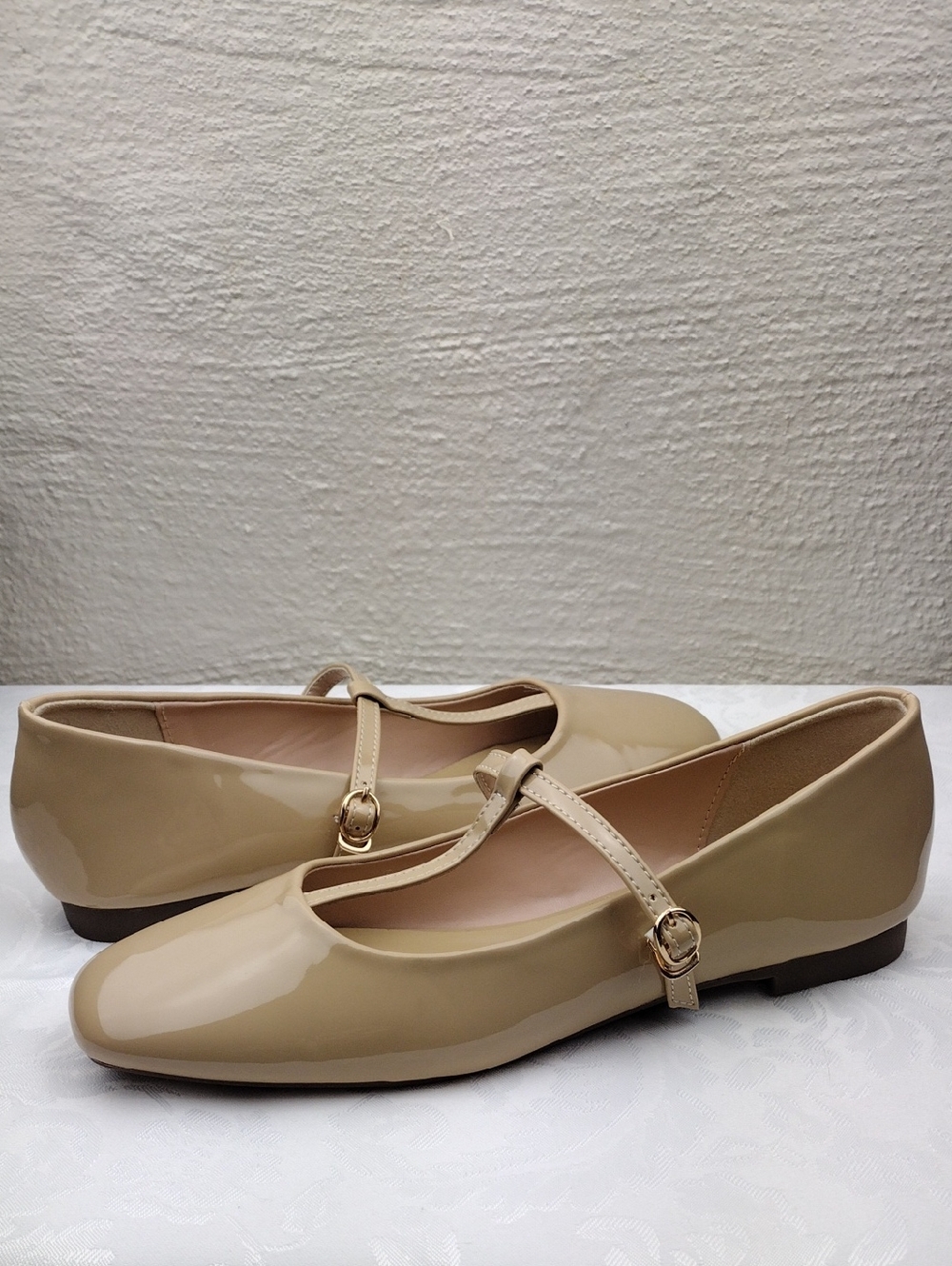 C.Paravano Clara Beige Patent Leather Square Toe Slim T-Bar Strap Mary Jane Shoe